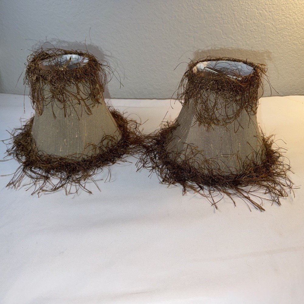New Vintage Set Of 2 Silk Brown Gold Fringe Clip On Mini Lamp Shade 5 x 6" Small